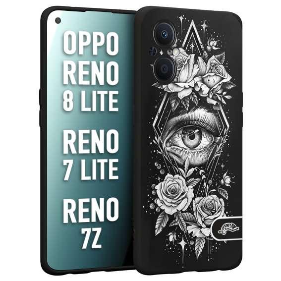 CUSTOMIZZA - Custodia cover nera morbida in tpu compatibile per Oppo Reno 7 Lite - 8 Lite - 7Z occhio fiori rombo geometrico black and white bianco a rilievo disegnato tattoo tatuaggio
