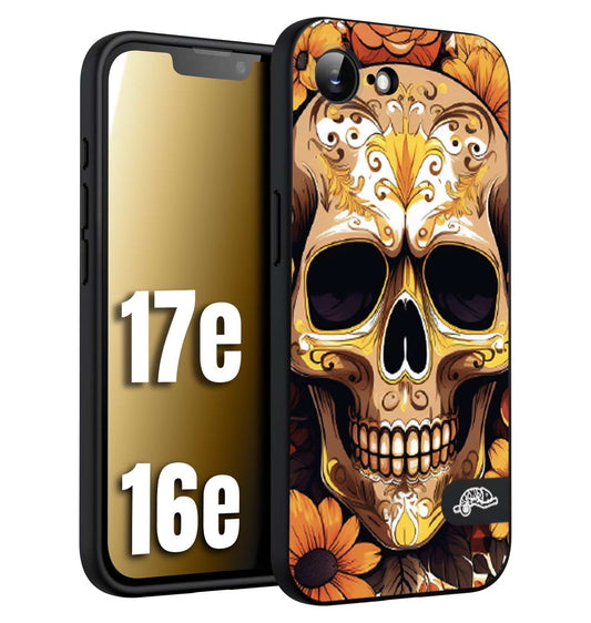 CUSTOMIZZA - Custodia cover nera morbida in tpu compatibile per iPhone 16E - 17E teschio messicano colorato dorato fiori tattoo disegnato
