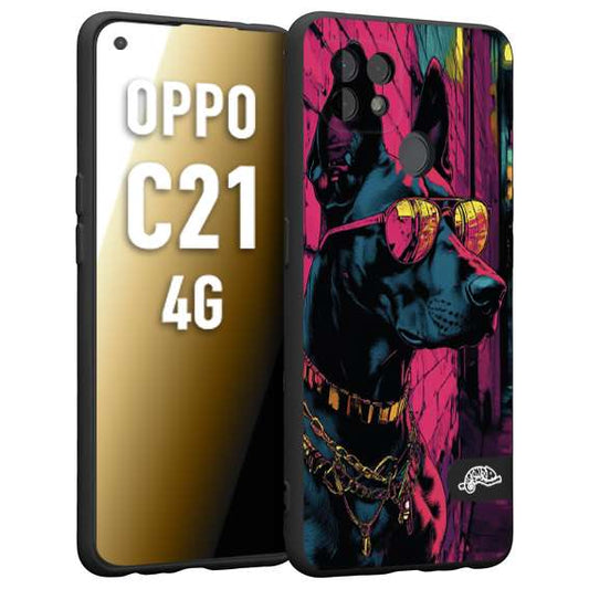 CUSTOMIZZA - Custodia cover nera morbida in tpu compatibile per Realme C21 4G animali cyberpunk dobermann cane street dog fucsia blu