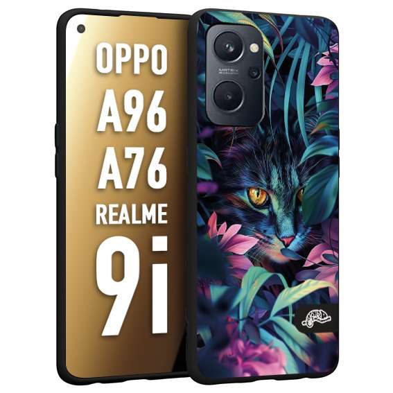 CUSTOMIZZA - Custodia cover nera morbida in tpu compatibile per Realme 9i - A96 - A76 animali color giungla tropicale occhio di gatto colori vibranti disegnato