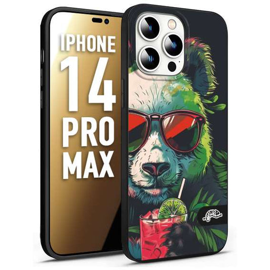 CUSTOMIZZA - Custodia cover nera morbida in tpu compatibile per iPhone 14 PRO MAX estate disegnata cocktails animali simpatici panda mojito