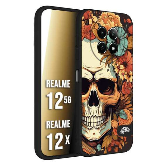 CUSTOMIZZA - Custodia cover nera morbida in tpu compatibile per Realme 12 5G - 12X teschio skull flowers fiori autunnali arancio celeste tattoo