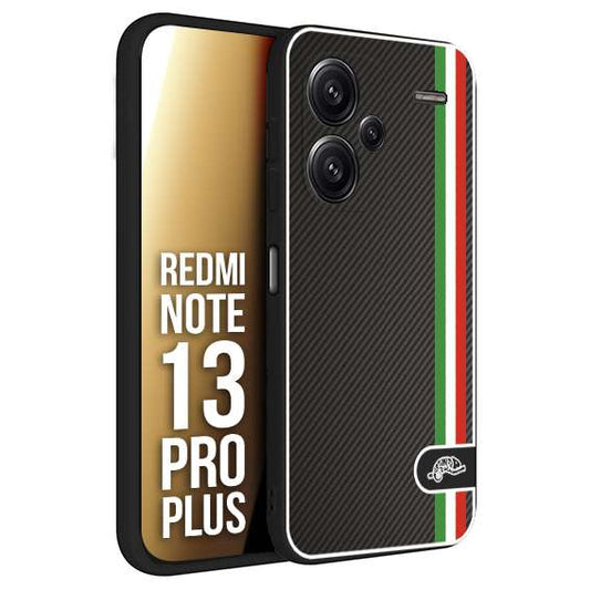 CUSTOMIZZA - Custodia cover nera morbida in tpu compatibile per Xiaomi Redmi Note 13 PRO PLUS effetto fibra di carbonio bandiera Italia made in Italy