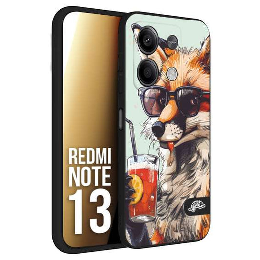 CUSTOMIZZA - Custodia cover nera morbida in tpu compatibile per Xiaomi Redmi Note 13 estate disegnata cocktails animali simpatici fox volpe negroni