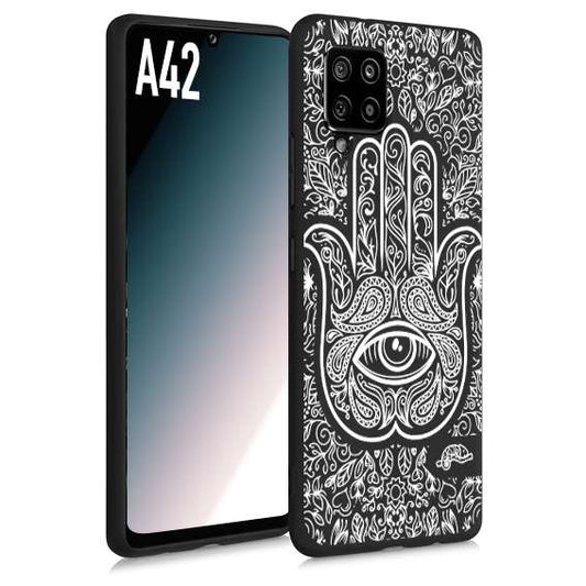 CUSTOMIZZA - Custodia cover nera morbida in tpu compatibile per Samsung A42 mano di fatima effetto rilievo mandala donna