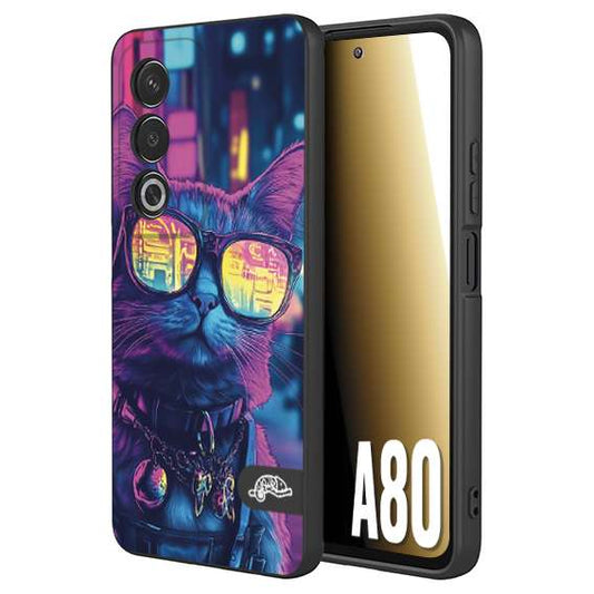 CUSTOMIZZA - Custodia cover nera morbida in tpu compatibile per Oppo A80 animali cyberpunk gatto street cat fucsia blu giallo