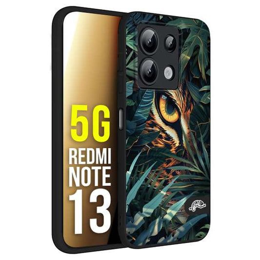 CUSTOMIZZA - Custodia cover nera morbida in tpu compatibile per Xiaomi Redmi Note 13 5G animali color giungla tropicale occhio di giaguaro felino disegnato