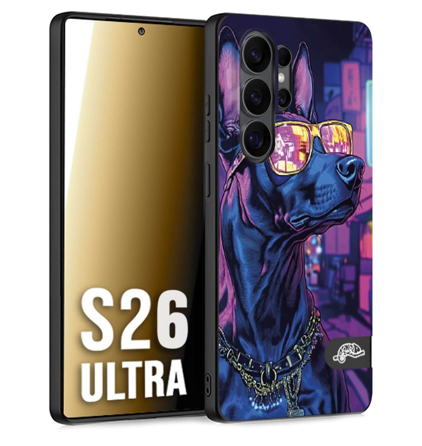 CUSTOMIZZA - Custodia cover nera morbida in tpu compatibile per Samsung S26 ULTRA animali cyberpunk dobermann cane street dog fucsia blu night