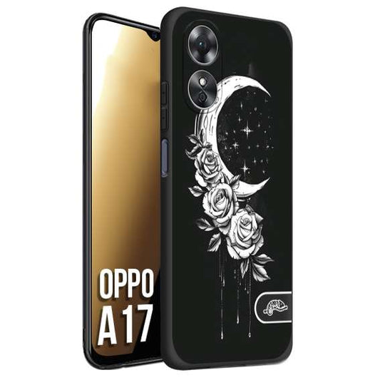 CUSTOMIZZA - Custodia cover nera morbida in tpu compatibile per Oppo A17 luna e fiori moon flowers black and white bianco a rilievo disegnato
