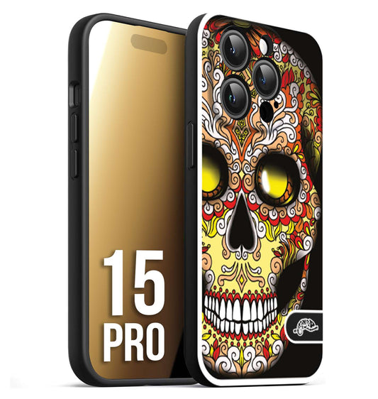 CUSTOMIZZA - Custodia cover nera morbida in tpu compatibile per iPhone 15 PRO teschio messicano Mexican skull giallo rosso arancio