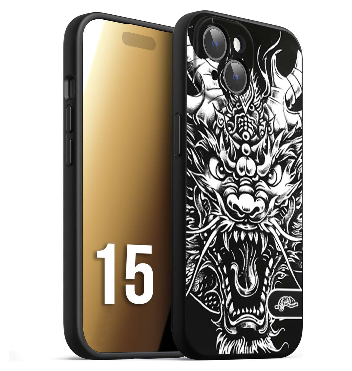 CUSTOMIZZA - Custodia cover nera morbida in tpu compatibile per iPhone 15 drago black and white bianco a rilievo disegnato tattoo tatuaggio