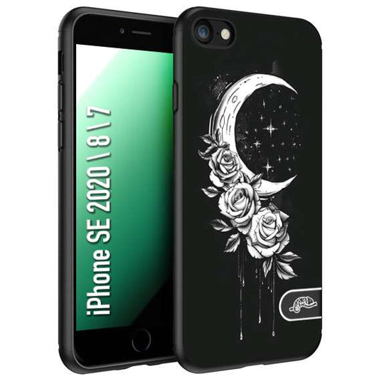 CUSTOMIZZA - Custodia cover nera morbida in tpu compatibile per iPhone 7 - 8 - SE 2020 / 2022 luna e fiori moon flowers black and white bianco a rilievo disegnato