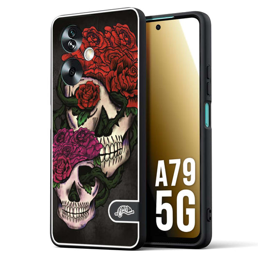 CUSTOMIZZA - Custodia cover nera morbida in tpu compatibile per Oppo A79 5G teschi e rose rosse fucsia skull and roses