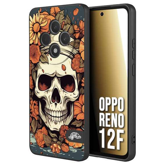 CUSTOMIZZA - Custodia cover nera morbida in tpu compatibile per Oppo Reno 12F teschio skull flowers fiori tattoo disegnato alta definizione