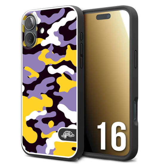 CUSTOMIZZA - Custodia cover nera morbida in tpu compatibile per iPhone 16 camouflage mimetico militare viola lilla giallo