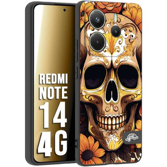 CUSTOMIZZA - Custodia cover nera morbida in tpu compatibile per Xiaomi Redmi Note 14 4G teschio messicano colorato dorato fiori tattoo disegnato