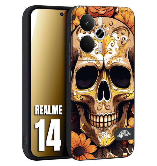 CUSTOMIZZA - Custodia cover nera morbida in tpu compatibile per Realme 14 5G teschio messicano colorato dorato fiori tattoo disegnato