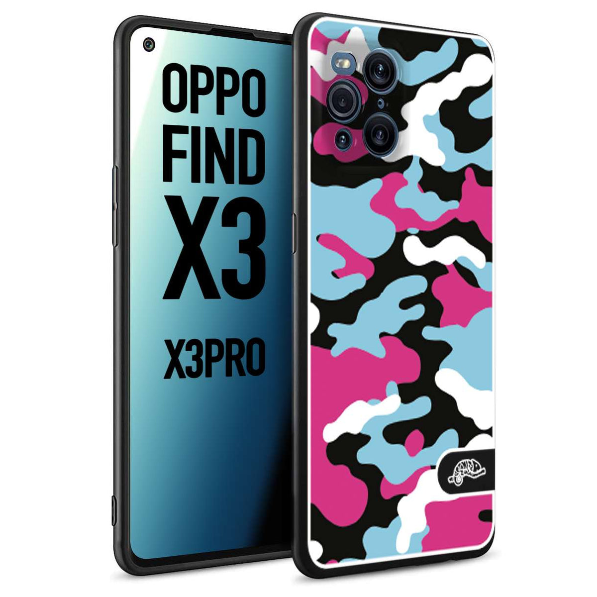 CUSTOMIZZA - Custodia cover nera morbida in tpu compatibile per Oppo Find X3 - Find X3 Pro 5G camouflage mimetico militare fucsia celeste