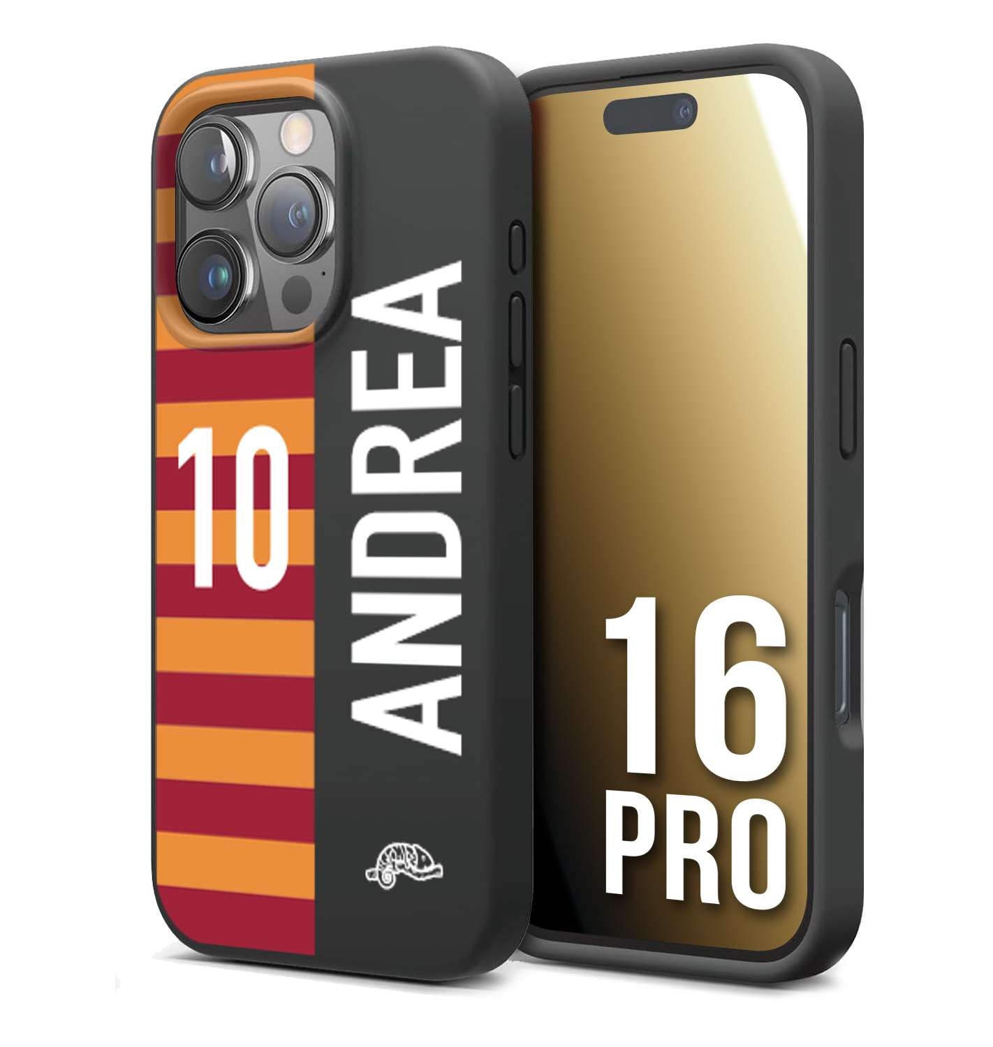 CUSTOMIZZA - Custodia cover nera morbida in tpu compatibile per iPhone 16 PRO personalizzata calcio football nome e numero calciatori giallo rossi