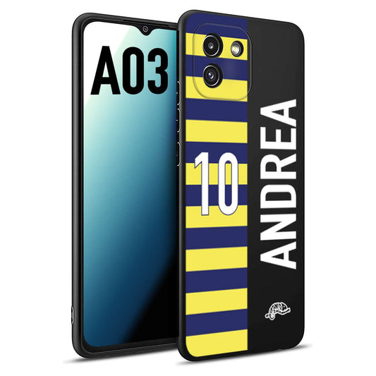 CUSTOMIZZA - Custodia cover nera morbida in tpu compatibile per Samsung A03 personalizzata calcio football nome e numero calciatori giallo blu