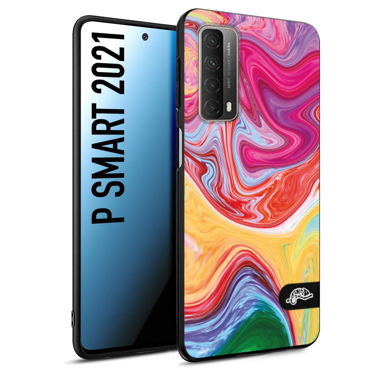 CUSTOMIZZA - Custodia cover nera morbida in tpu compatibile per Huawei P Smart 2021 colorata fantasia vortice marmo onde verde fucsia gialla