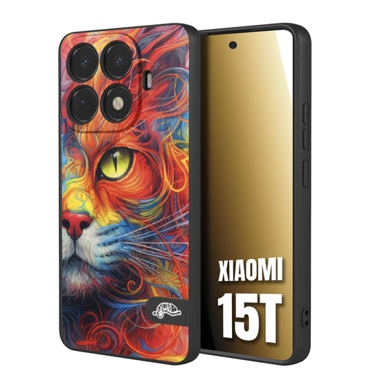 CUSTOMIZZA - Custodia cover nera morbida in tpu compatibile per Xiaomi 15T animali color cat gatto viso colori vibranti disegnato schizzo