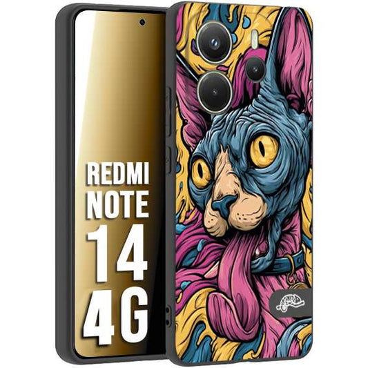 CUSTOMIZZA - Custodia cover nera morbida in tpu compatibile per Xiaomi Redmi Note 14 4G Sphynx Colorato Pop Art Psichedelico Gatto Blu Rosa Giallo Artistica Fantasy