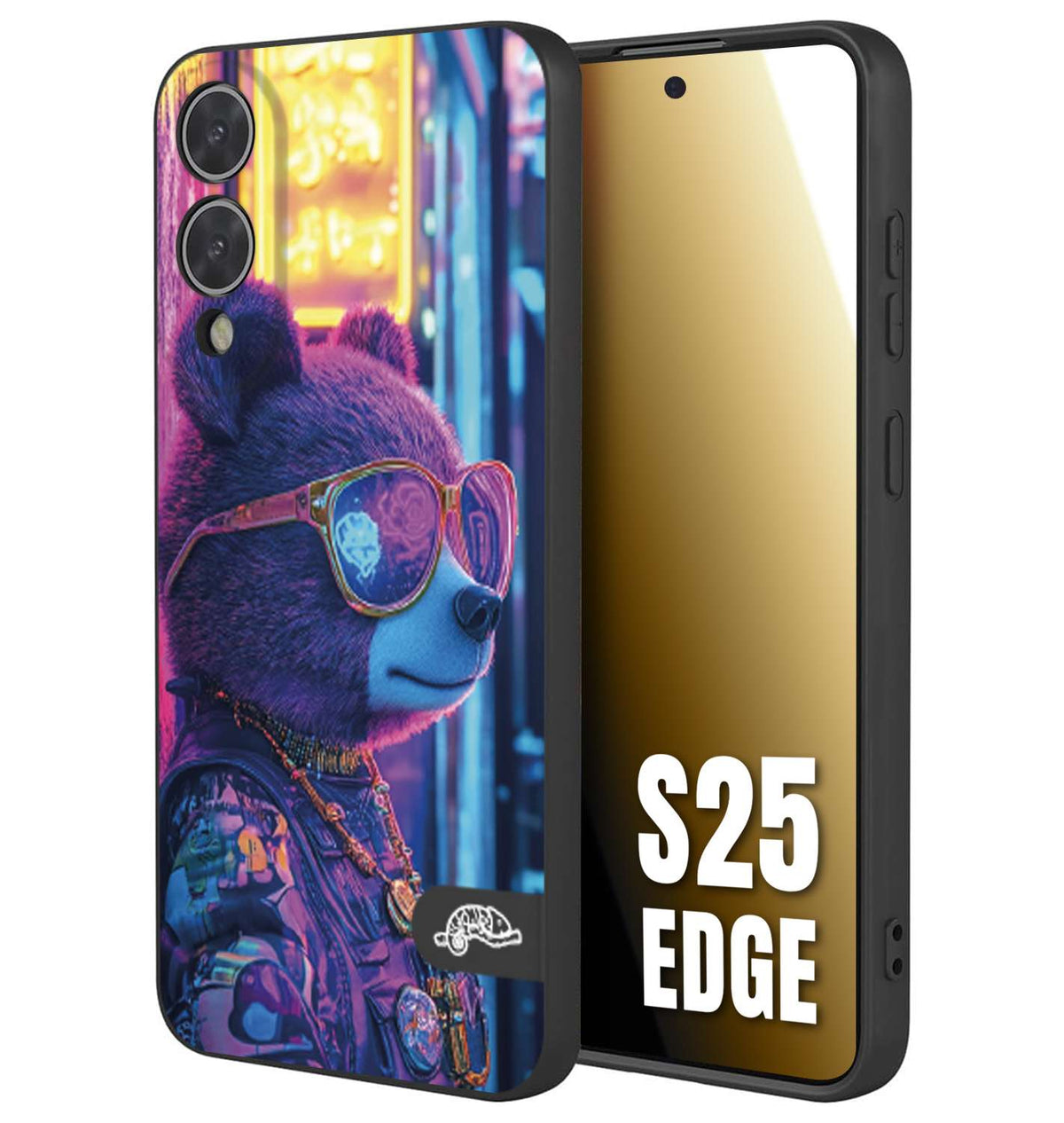 CUSTOMIZZA - Custodia cover nera morbida in tpu compatibile per Samsung S25 EDGE animali cyberpunk orsetto orso street bear fucsia blu night