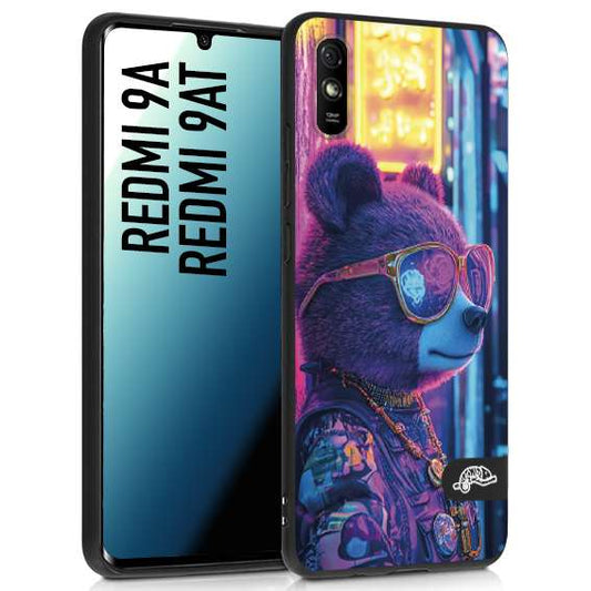 CUSTOMIZZA - Custodia cover nera morbida in tpu compatibile per Xiaomi Redmi 9A - 9AT animali cyberpunk orsetto orso street bear fucsia blu night