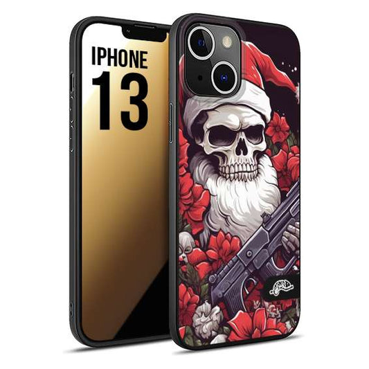 CUSTOMIZZA - Custodia cover nera morbida in tpu compatibile per iPhone 13 teschio natale santa claus fiori tattoo disegnato