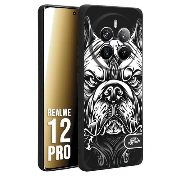 CUSTOMIZZA - Custodia cover nera morbida in tpu compatibile per Realme 12 PRO bulldog bianco a rilievo disegnato tattoo tatuaggio