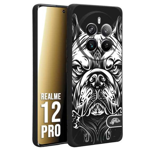 CUSTOMIZZA - Custodia cover nera morbida in tpu compatibile per Realme 12 PRO bulldog bianco a rilievo disegnato tattoo tatuaggio