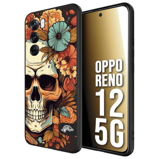 CUSTOMIZZA - Custodia cover nera morbida in tpu compatibile per Oppo Reno 12 5G teschio skull flowers fiori autunnali arancio celeste tattoo