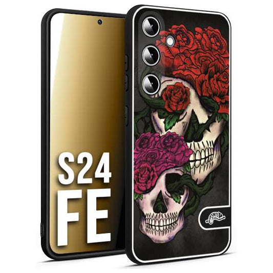 CUSTOMIZZA - Custodia cover nera morbida in tpu compatibile per Samsung S24 FE teschi e rose rosse fucsia skull and roses