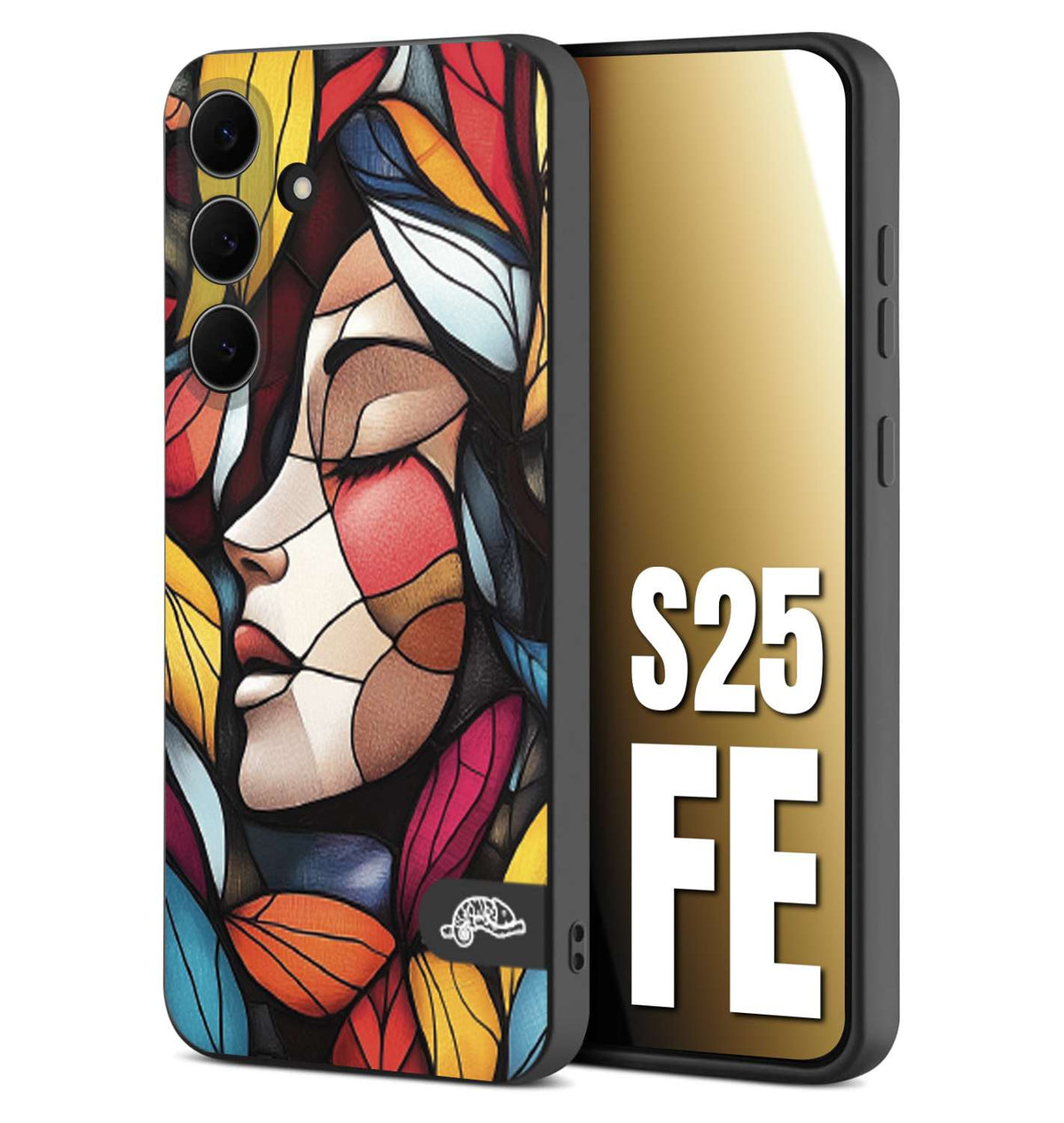 CUSTOMIZZA - Custodia cover nera morbida in tpu compatibile per Samsung S25 FE Vetrata artistica volto di donna profilo fogliare mosaico di vetro colorato