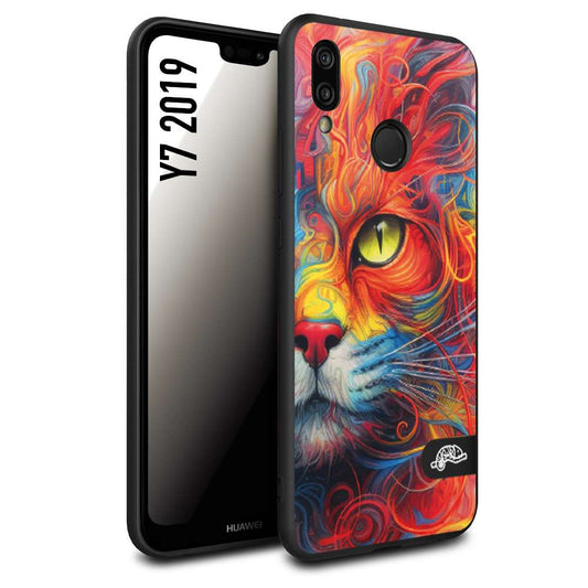 CUSTOMIZZA - Custodia cover nera morbida in tpu compatibile per Huawei Y7 2019 animali color cat gatto viso colori vibranti disegnato schizzo