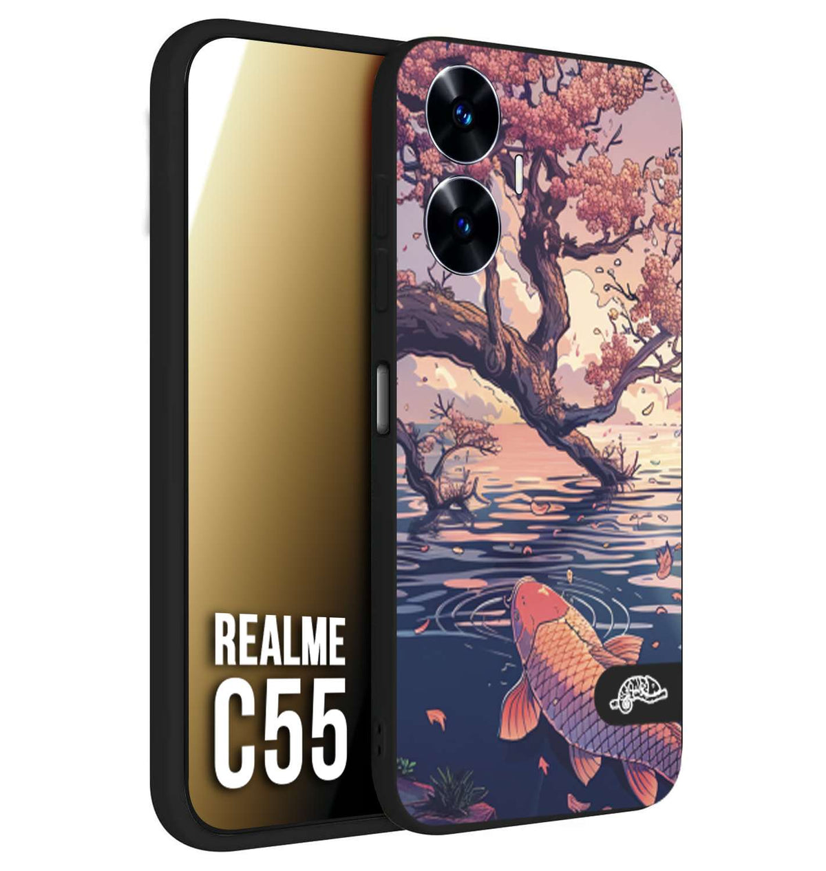 CUSTOMIZZA - Custodia cover nera morbida in tpu compatibile per Realme C55 giapponese lago carpa koi rosa con foglie d'acero disegnata tattoo