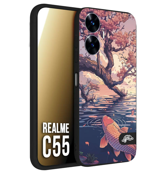 CUSTOMIZZA - Custodia cover nera morbida in tpu compatibile per Realme C55 giapponese lago carpa koi rosa con foglie d'acero disegnata tattoo