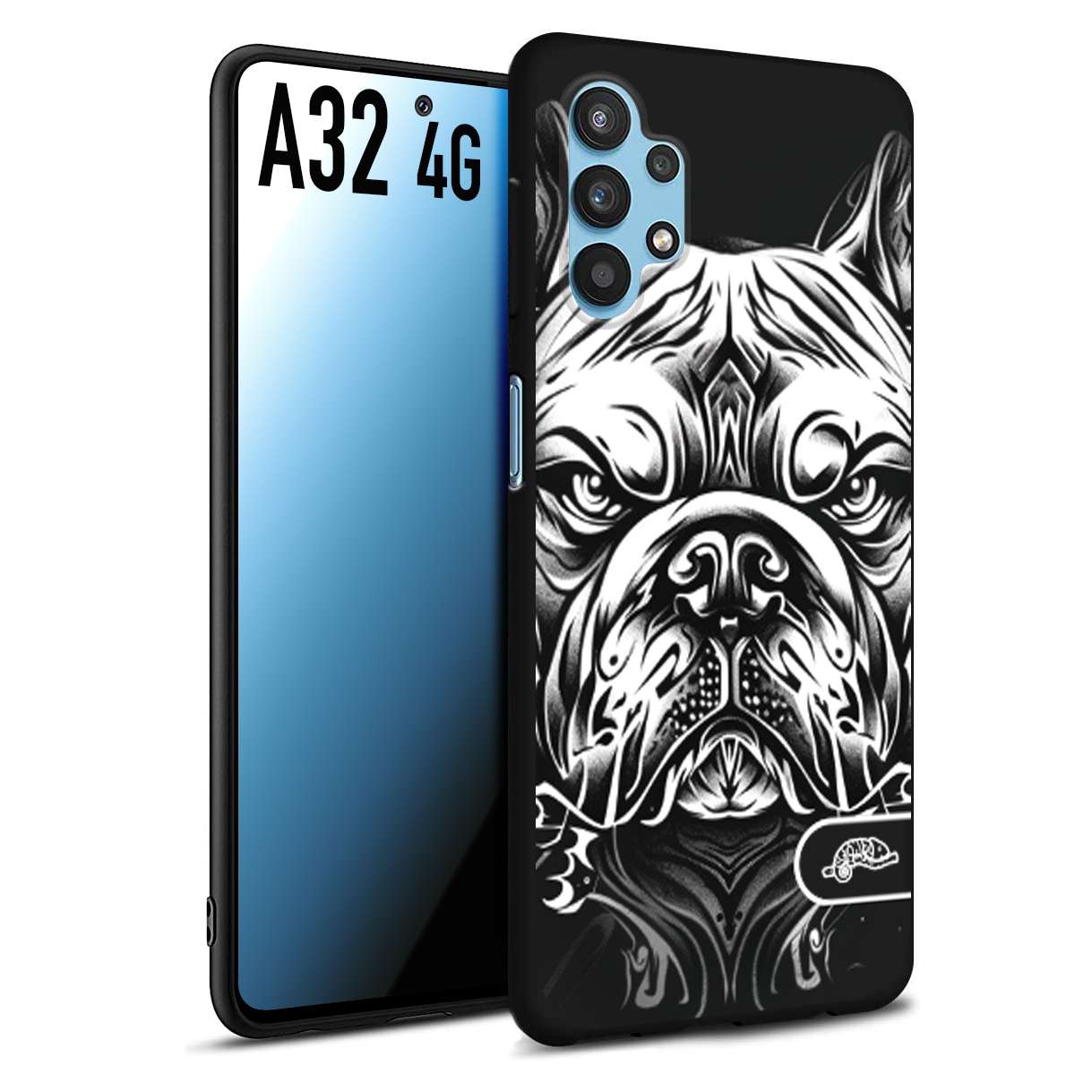 CUSTOMIZZA - Custodia cover nera morbida in tpu compatibile per Samsung A32 4G bulldog bianco a rilievo disegnato tattoo tatuaggio