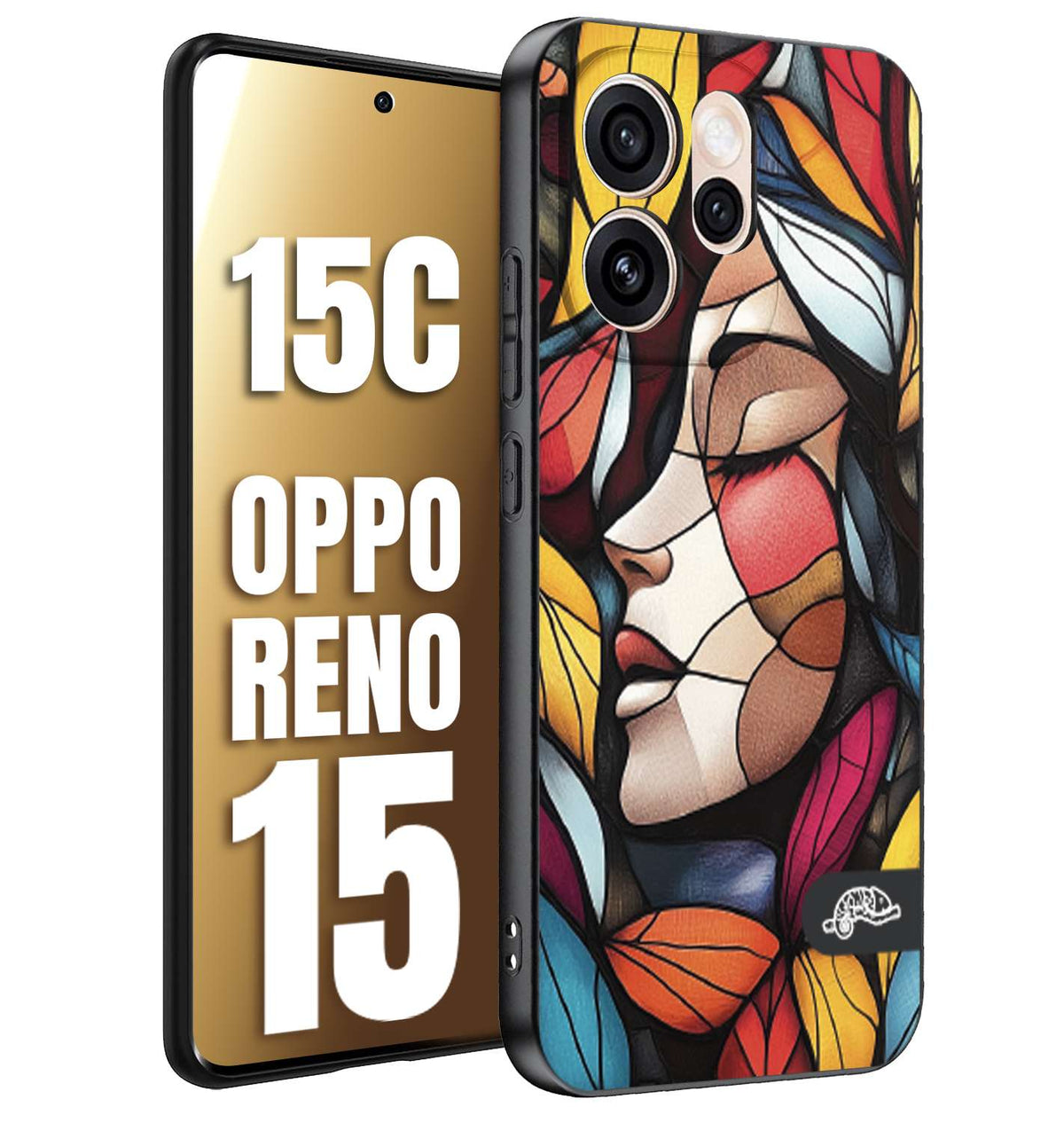 CUSTOMIZZA - Custodia cover nera morbida in tpu compatibile per Oppo Reno 15 - Reno 15CVetrata artistica volto di donna profilo fogliare mosaico di vetro colorato