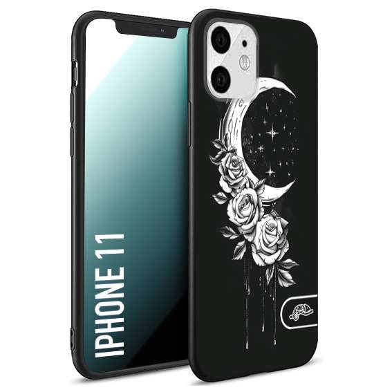 CUSTOMIZZA - Custodia cover nera morbida in tpu compatibile per iPhone 11 luna e fiori moon flowers black and white bianco a rilievo disegnato tattoo tatuaggio