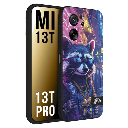 CUSTOMIZZA - Custodia cover nera morbida in tpu compatibile per Xiaomi 13T - 13T PRO animali simpatici cyberpunk procione racoon street cat fucsia blu giallo