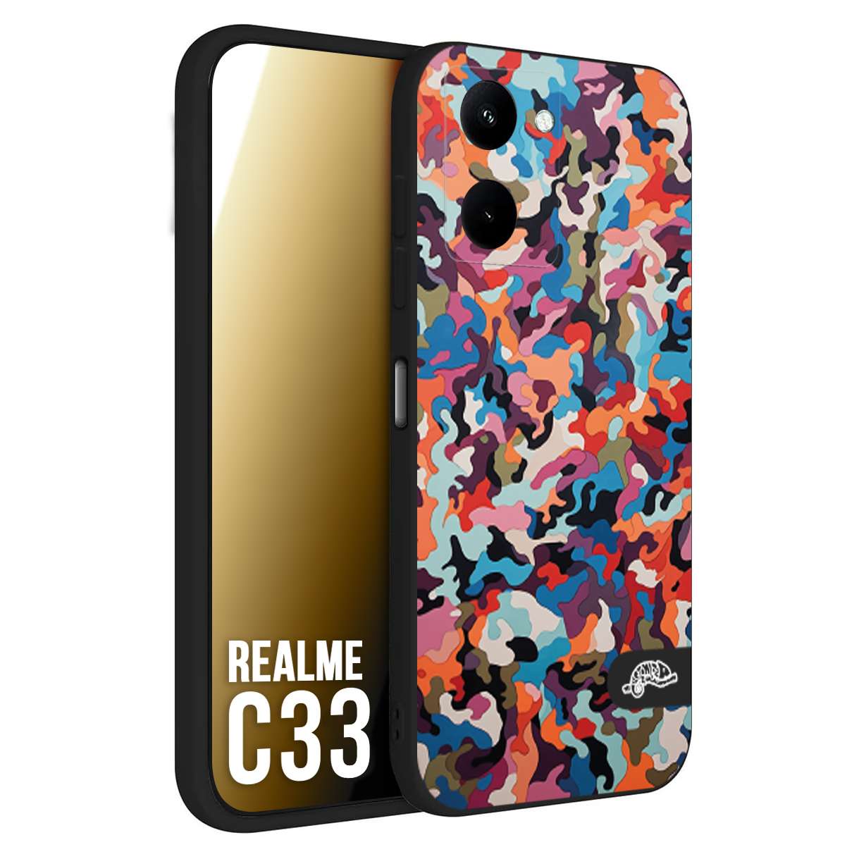 CUSTOMIZZA - Custodia cover nera morbida in tpu compatibile per Oppo Realme C33 camouflage mimetico militare moderno blu arancio rosa