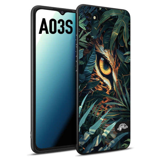 CUSTOMIZZA - Custodia cover nera morbida in tpu compatibile per Samsung A03S animali color giungla tropicale occhio di giaguaro felino disegnato