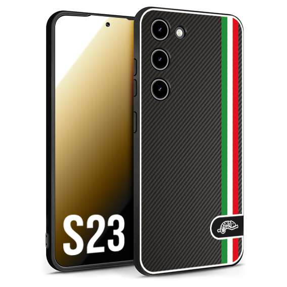 CUSTOMIZZA - Custodia cover nera morbida in tpu compatibile per Samsung S23 effetto fibra di carbonio bandiera Italia made in Italy