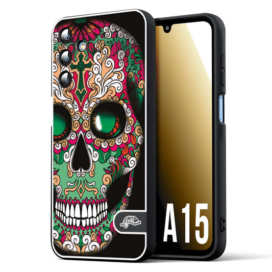 CUSTOMIZZA - Custodia cover nera morbida in tpu compatibile per Samsung A15 5G teschio messicano Mexican skull verde fucsia