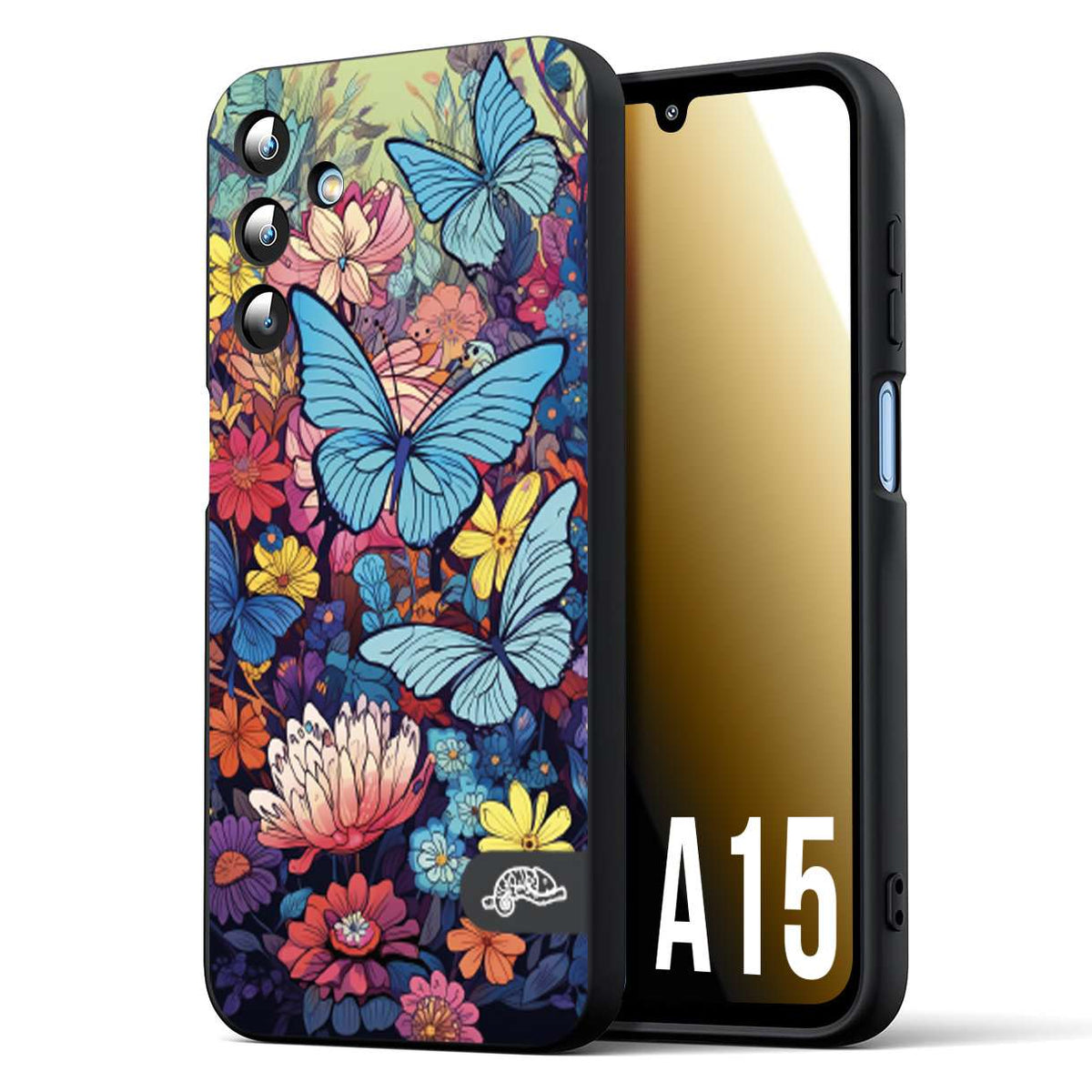 CUSTOMIZZA - Custodia cover nera morbida in tpu compatibile per Samsung A15 5G farfalle butterfly moderno donna disegnate gialla blu rosa