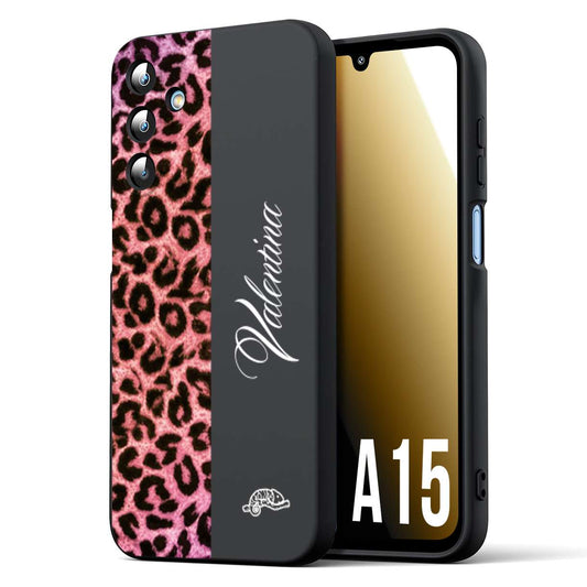 CUSTOMIZZA - Custodia cover nera morbida in tpu compatibile per Samsung A15 5G leopardato rosa fucsia personalizzata nome iniziali