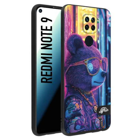 CUSTOMIZZA - Custodia cover nera morbida in tpu compatibile per Xiaomi Redmi Note 9 animali cyberpunk orsetto orso street bear fucsia blu night