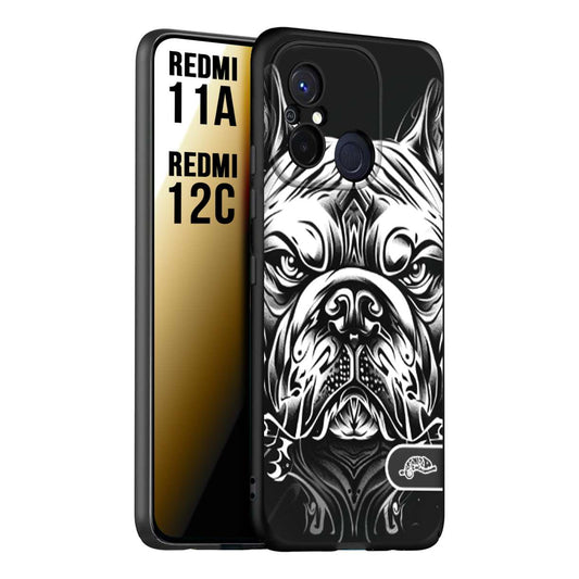 CUSTOMIZZA - Custodia cover nera morbida in tpu compatibile per Xiaomi Redmi 11A - 12C bulldog bianco a rilievo disegnato tattoo tatuaggio